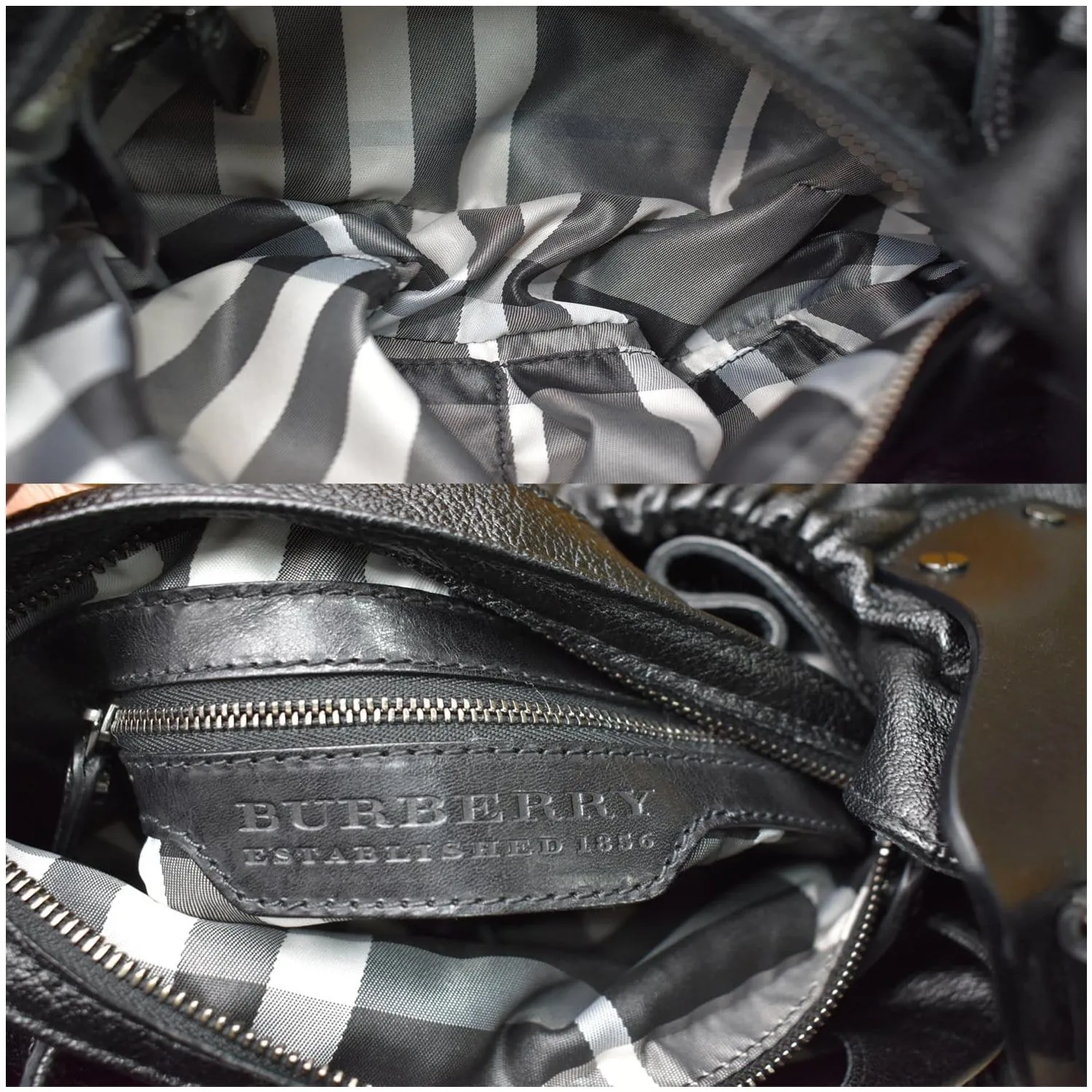 BURBERRY Warrior Drawstring Leather Hobo Bag Black