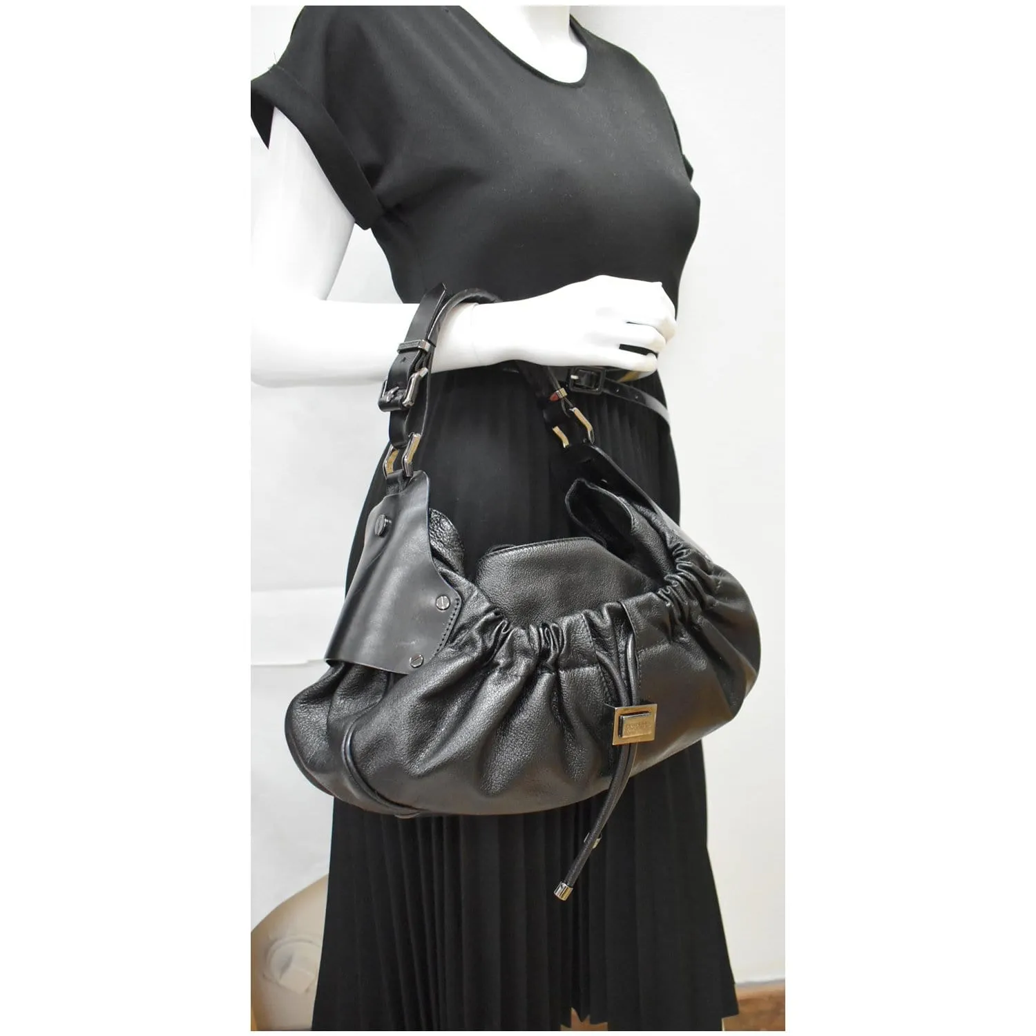 BURBERRY Warrior Drawstring Leather Hobo Bag Black
