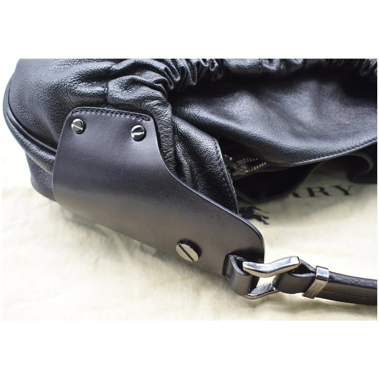 BURBERRY Warrior Drawstring Leather Hobo Bag Black