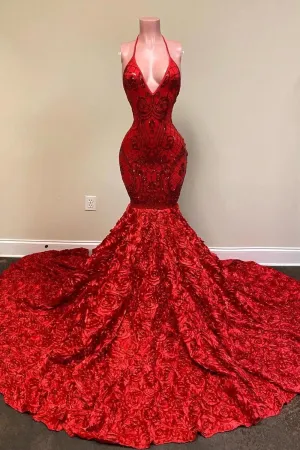 Burgundy Halter Mermaid V-neck Low back Flowers Prom Dresses