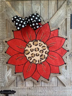 Burlap Sunflower Door Hanger - Red with Leopard Fall Round Sunflower