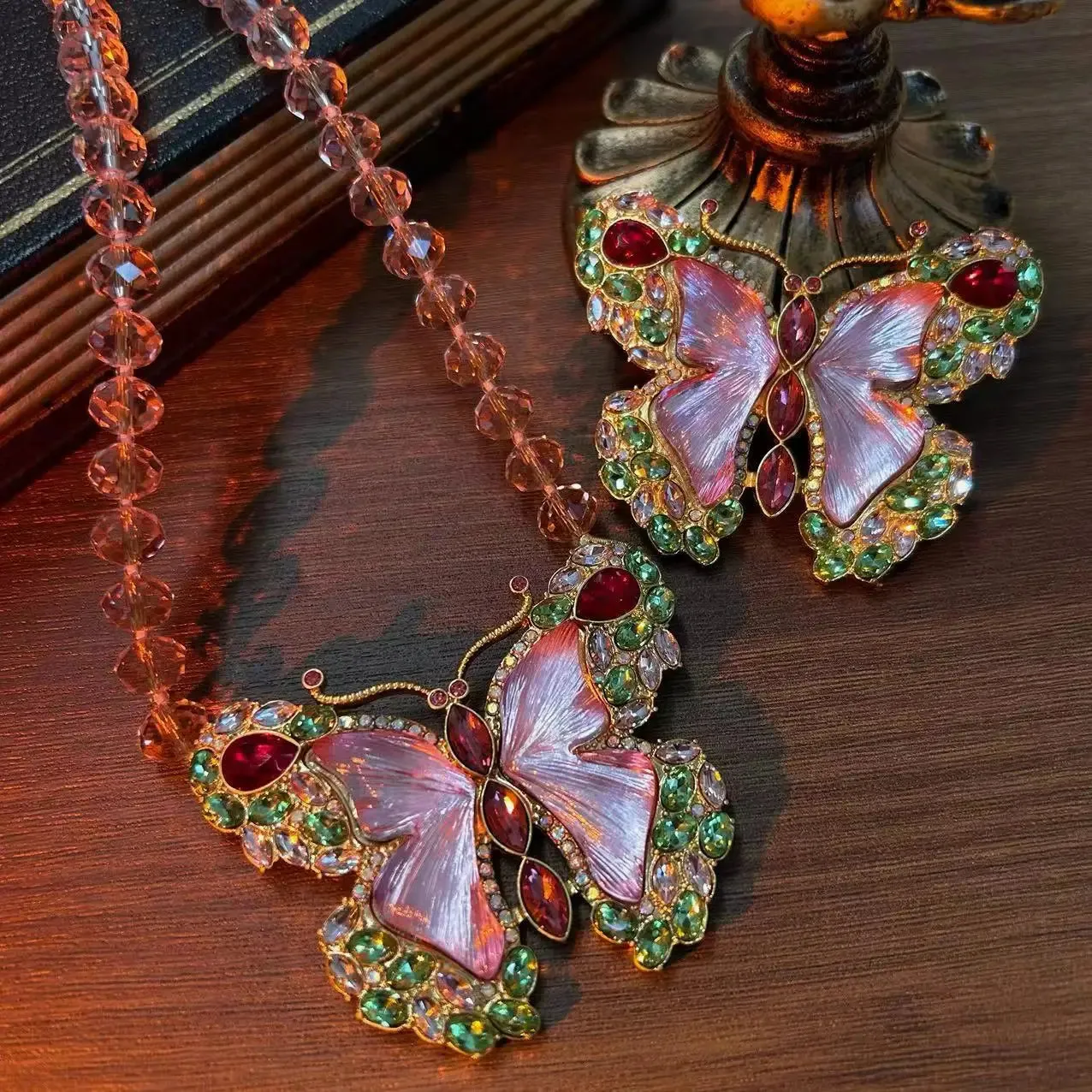 Butterfly pink rhinestone  necklace