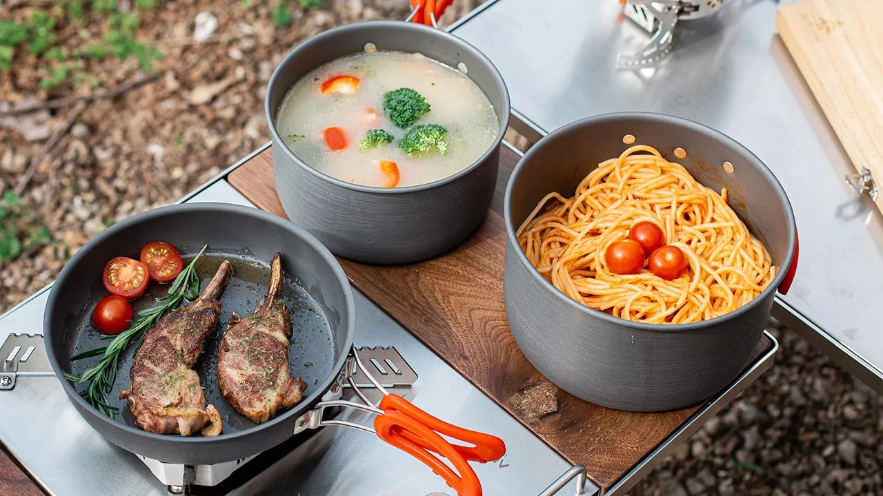 Camping Cookware - Compact and Folding anodized aluminum cookware set