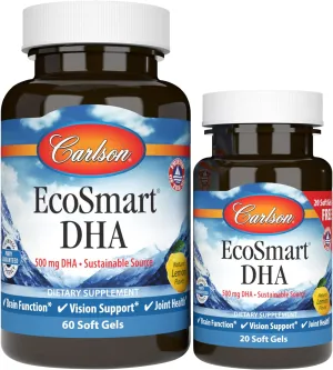 Carlson - EcoSmart DHA, 500 mg DHA, Sustainable Source, Healthy Vision & Brain Function, Lemon, 60 20 Softgels