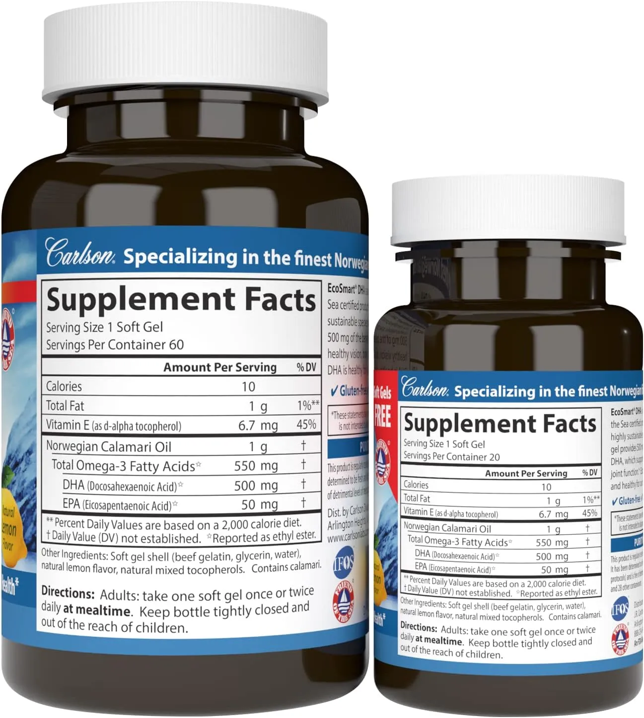 Carlson - EcoSmart DHA, 500 mg DHA, Sustainable Source, Healthy Vision & Brain Function, Lemon, 60 20 Softgels