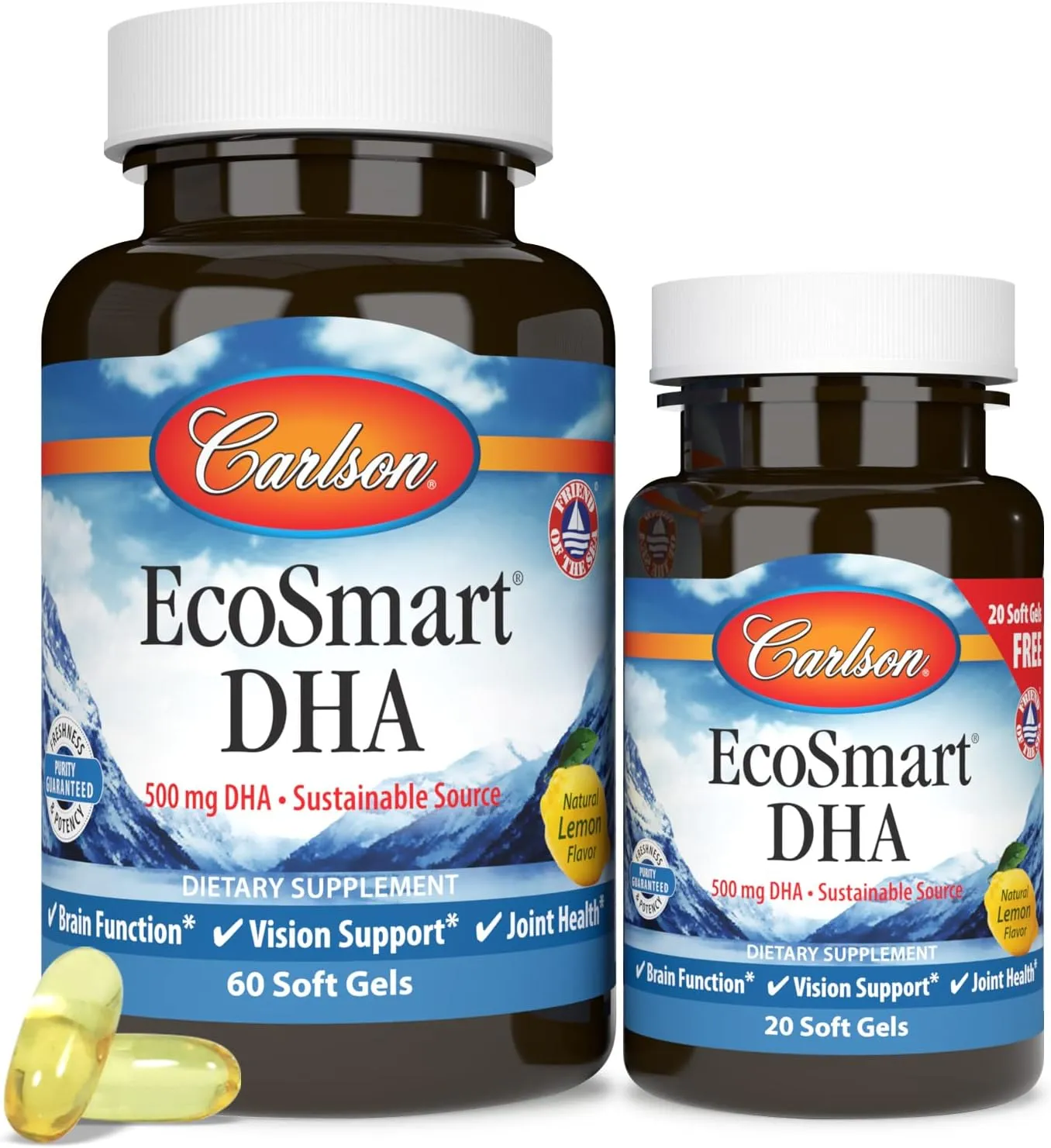 Carlson - EcoSmart DHA, 500 mg DHA, Sustainable Source, Healthy Vision & Brain Function, Lemon, 60 20 Softgels