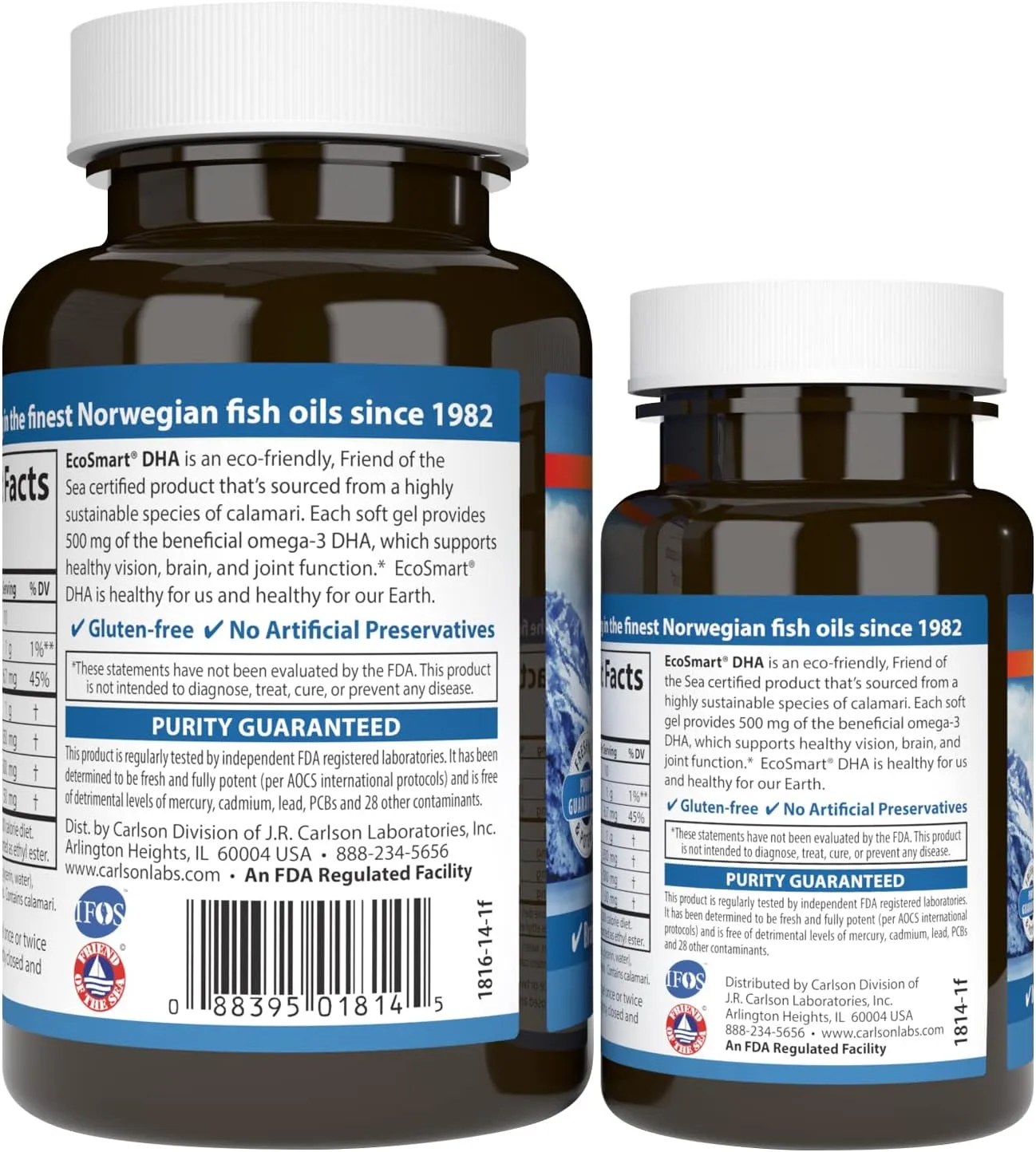 Carlson - EcoSmart DHA, 500 mg DHA, Sustainable Source, Healthy Vision & Brain Function, Lemon, 60 20 Softgels