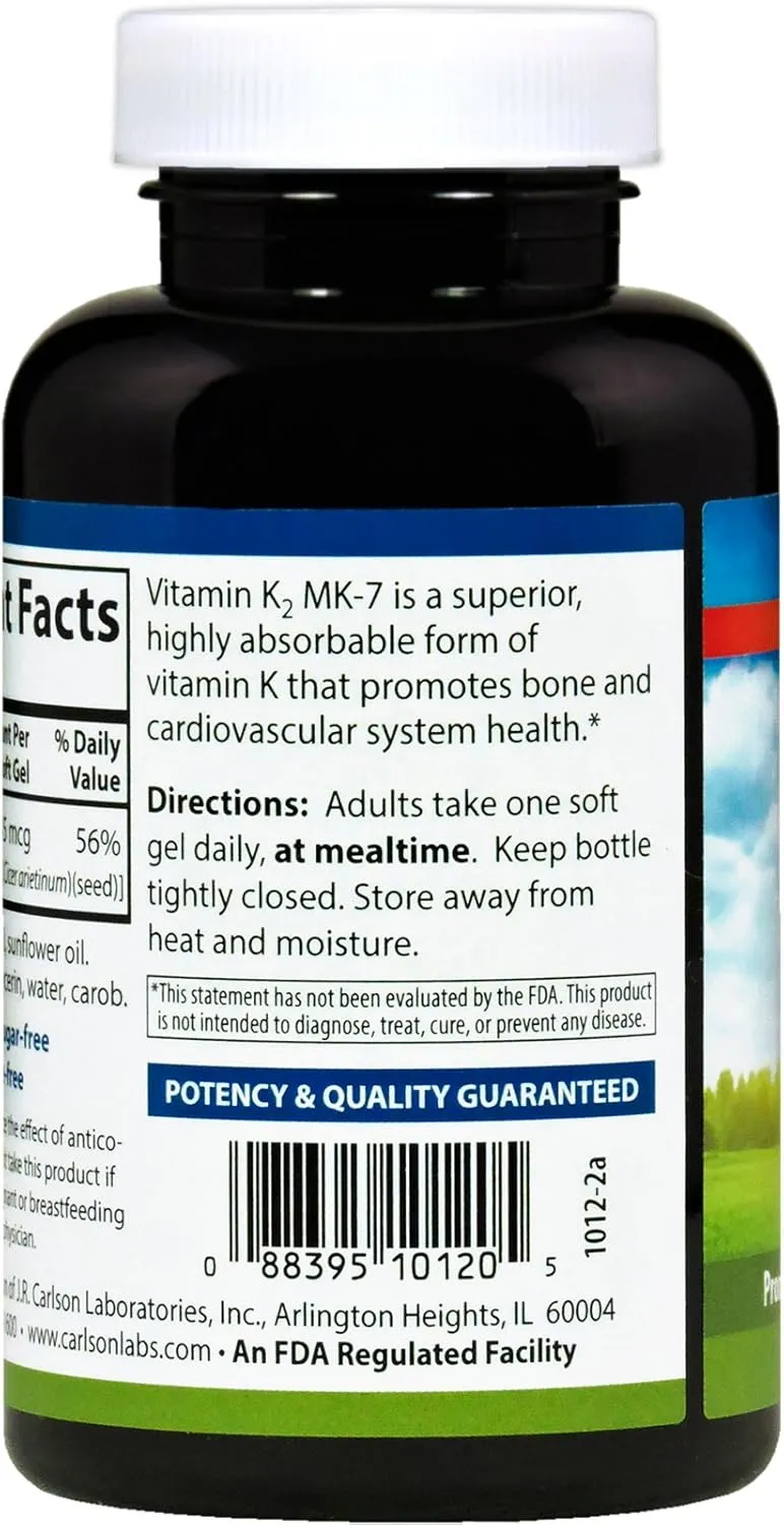 Carlson Labs Vitamin K2-7 45 MCG Mineral Supplement Softgels, 180 Count