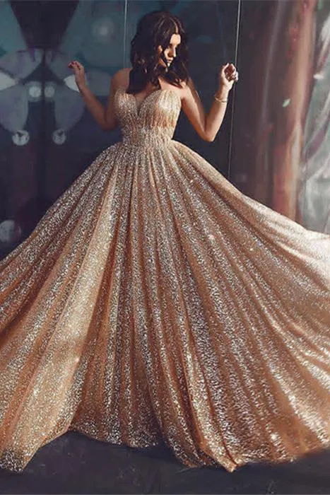 Champagne Elgant A-line Spaghetti Straps Backless Sequins Prom Dresses