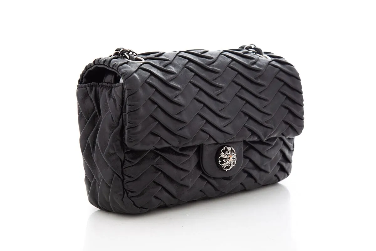 Chanel 2008 Black Lambskin Pleated Leather Single Flap Handbag