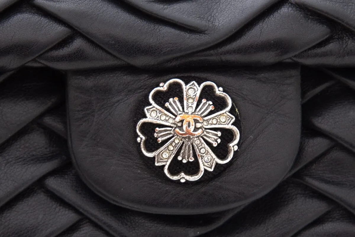 Chanel 2008 Black Lambskin Pleated Leather Single Flap Handbag