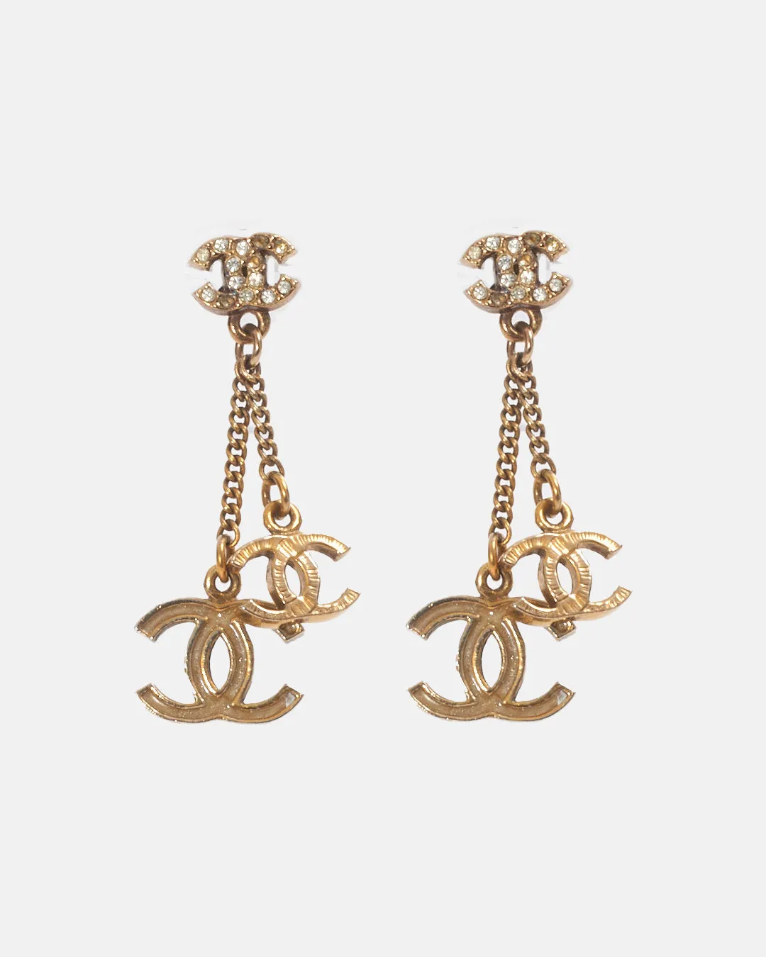 Chanel Antique Gold Tone Triple CC Interlocking Logo Earrings