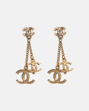 Chanel Antique Gold Tone Triple CC Interlocking Logo Earrings