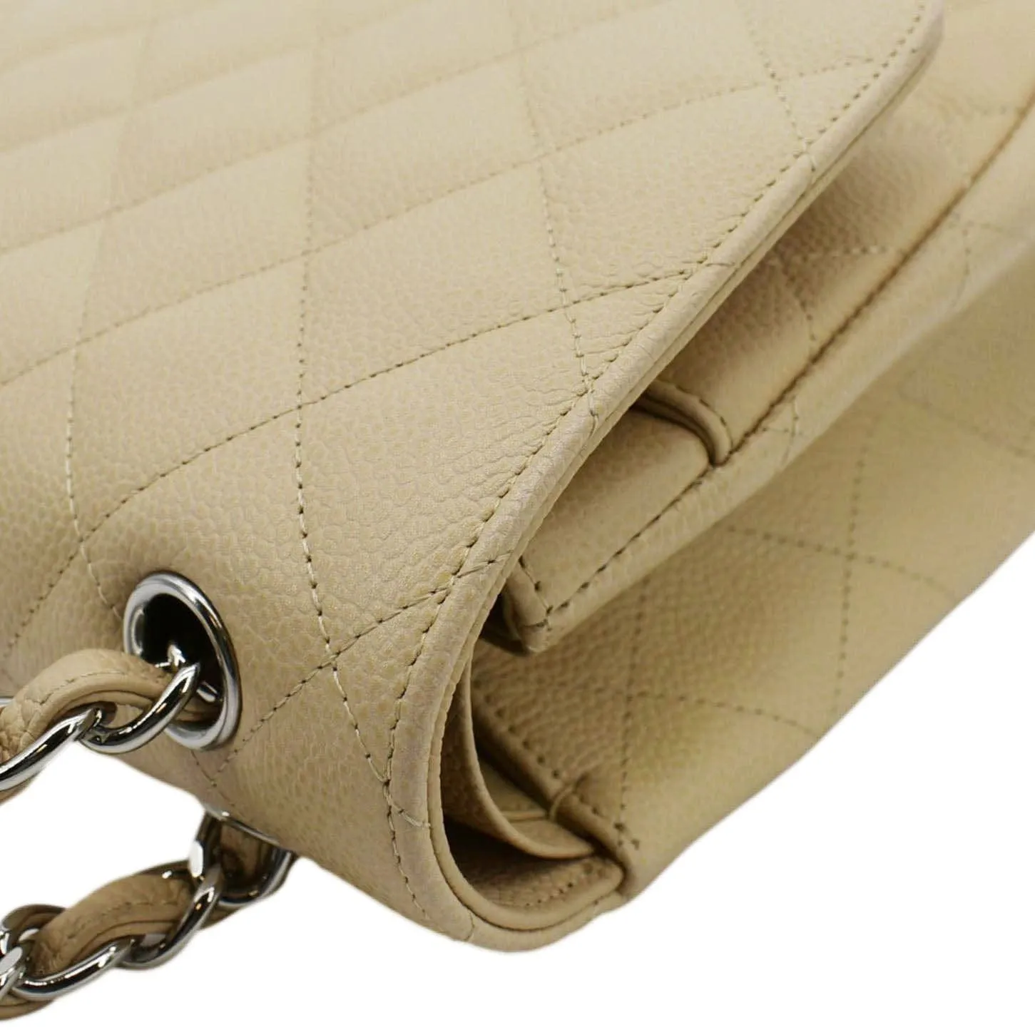 CHANEL Classic Jumbo Double Flap Quilted Caviar Leather Shoulder Bag Cream