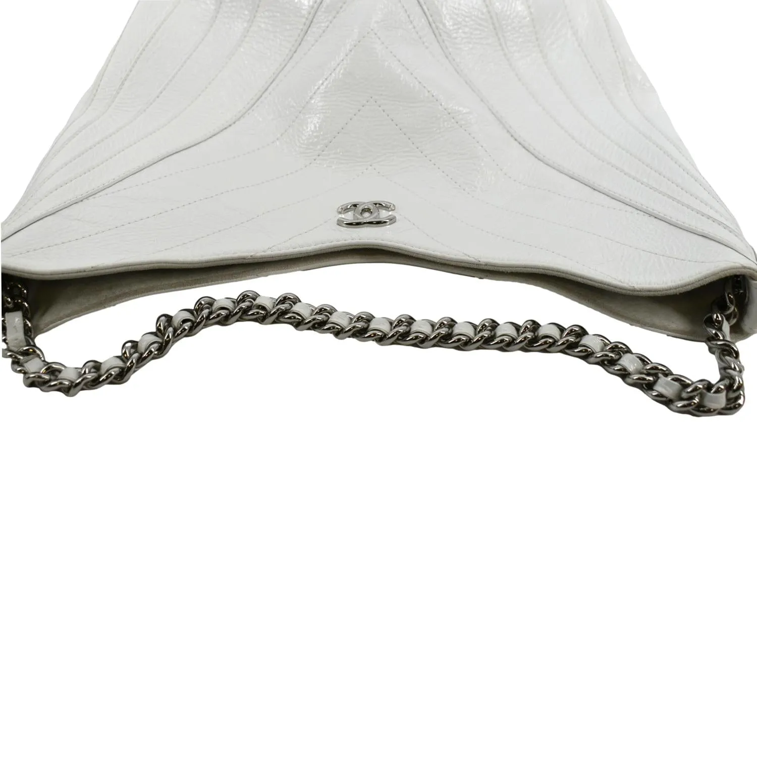 CHANEL Droplet Patent Leather Hobo Bag White