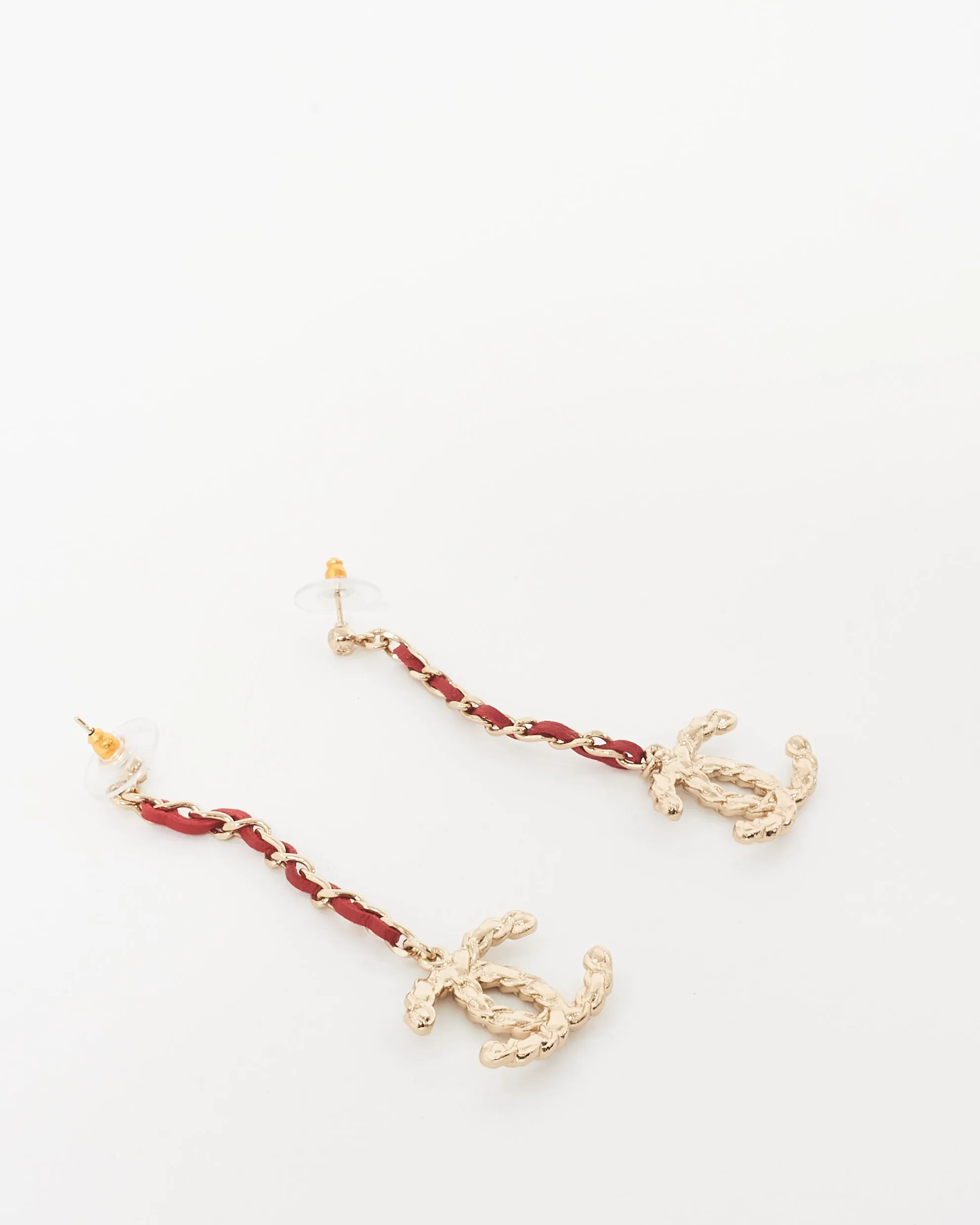 Chanel Gold Logo & Red Leather Chain Drop Earrings