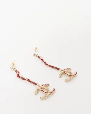 Chanel Gold Logo & Red Leather Chain Drop Earrings