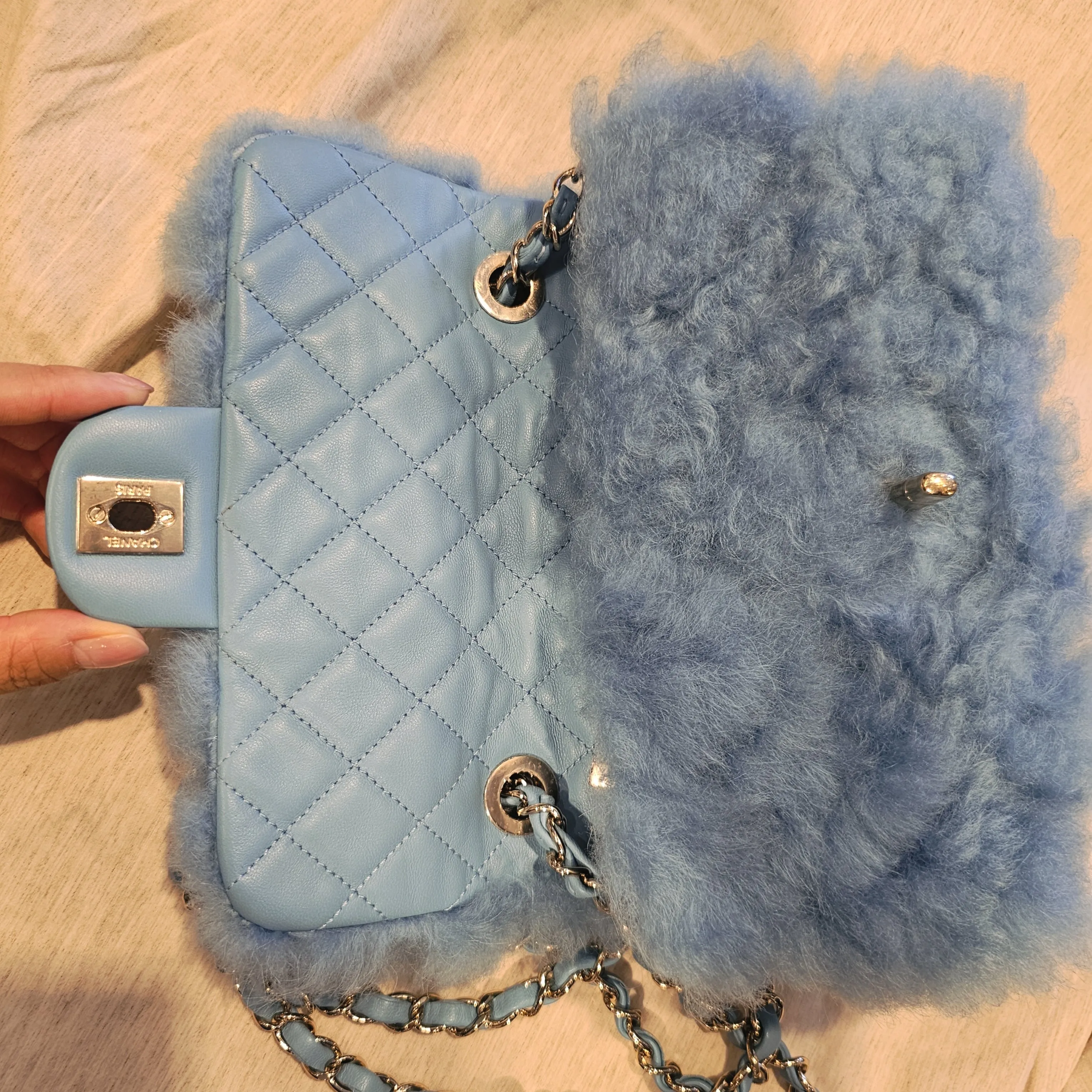 Chanel Runway bag Blue shearling fur bag