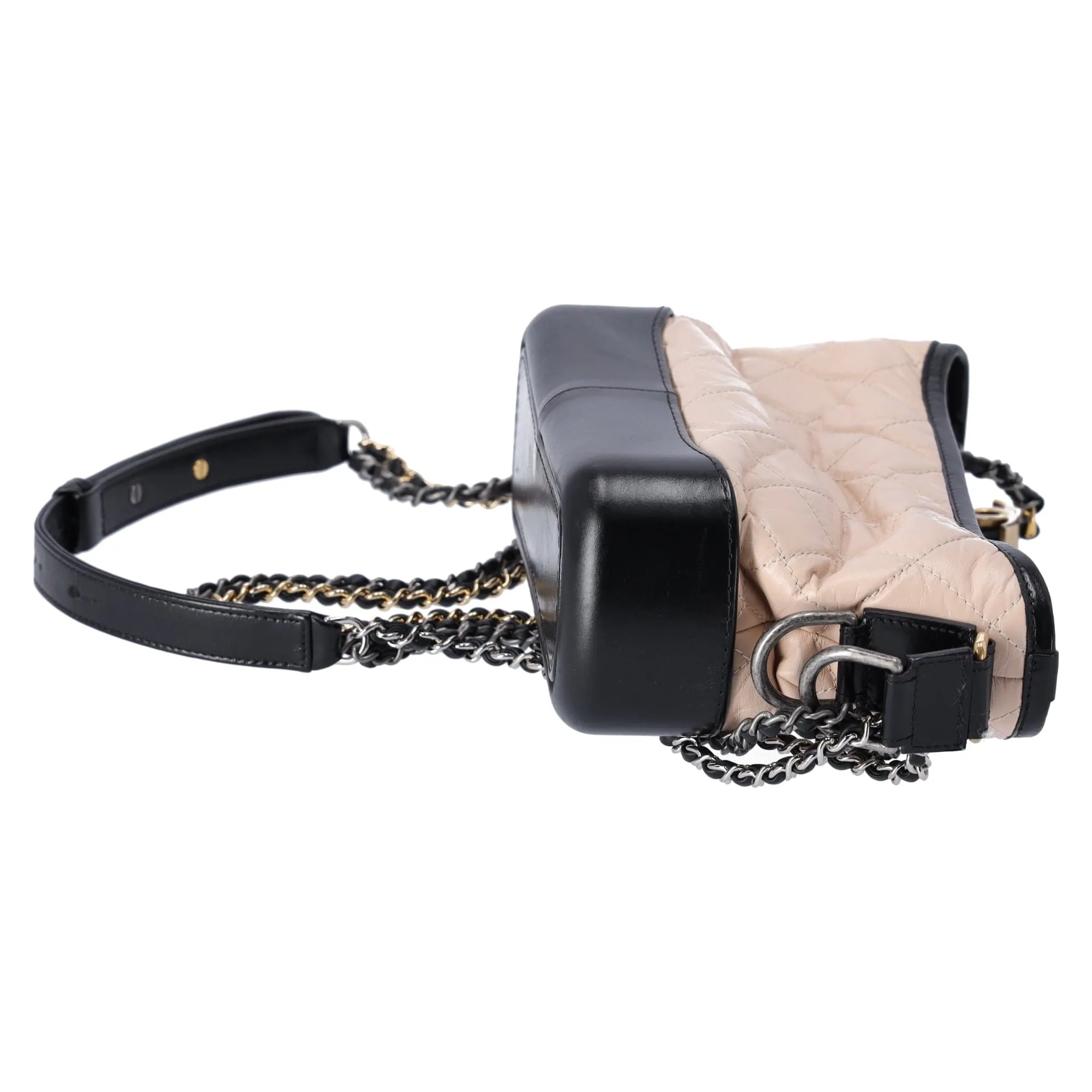 Chanel Small Gabrielle Hobo Bag Black Tan Beige Aged Calfskin Quilted Leather