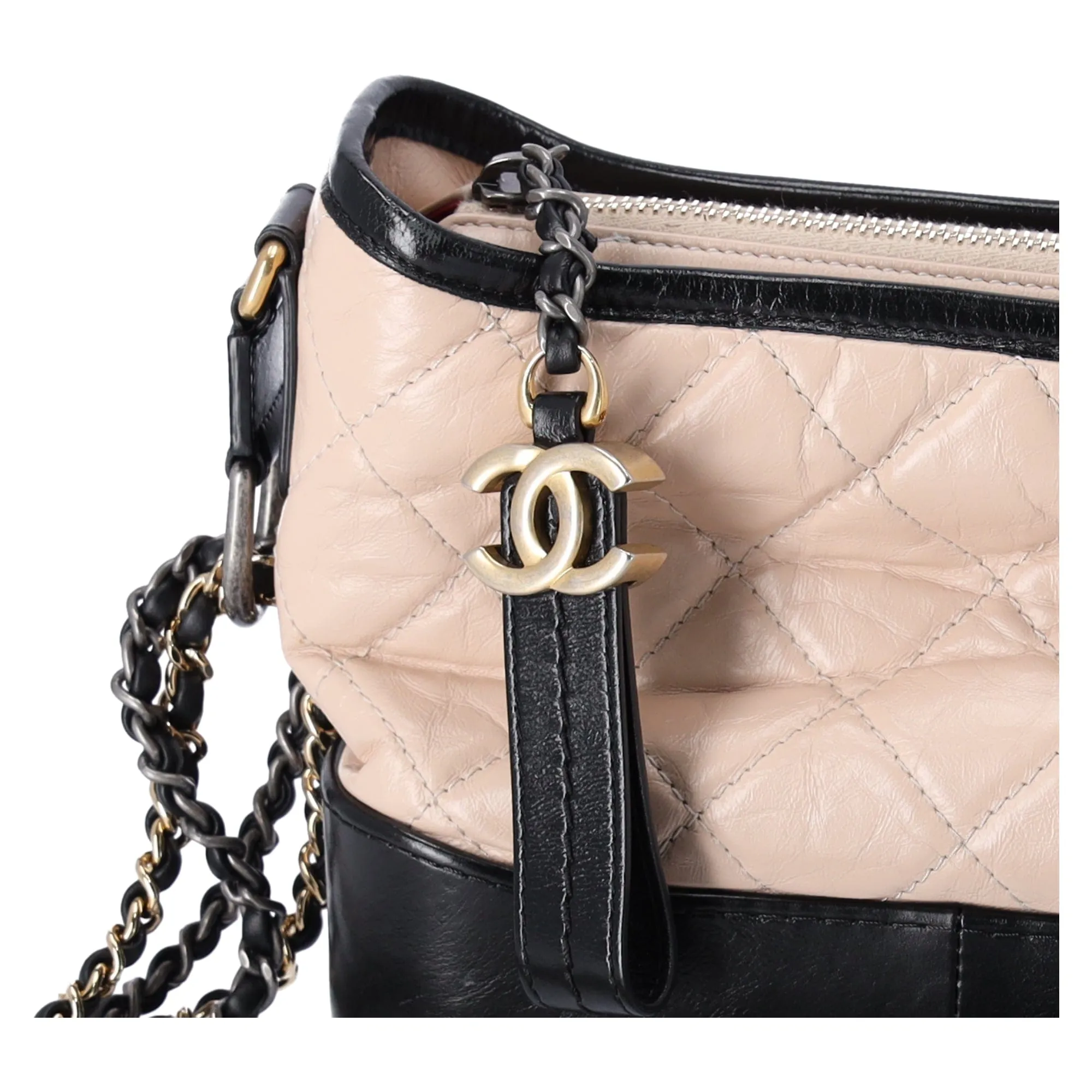 Chanel Small Gabrielle Hobo Bag Black Tan Beige Aged Calfskin Quilted Leather