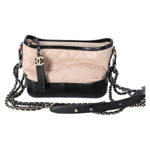 Chanel Small Gabrielle Hobo Bag Black Tan Beige Aged Calfskin Quilted Leather
