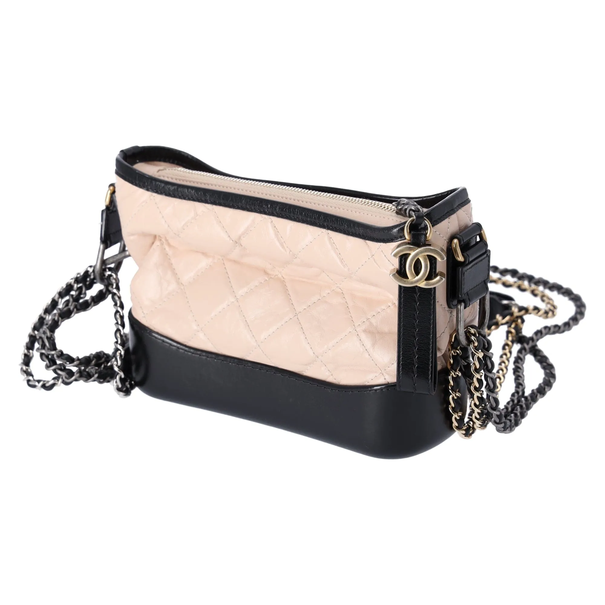 Chanel Small Gabrielle Hobo Bag Black Tan Beige Aged Calfskin Quilted Leather
