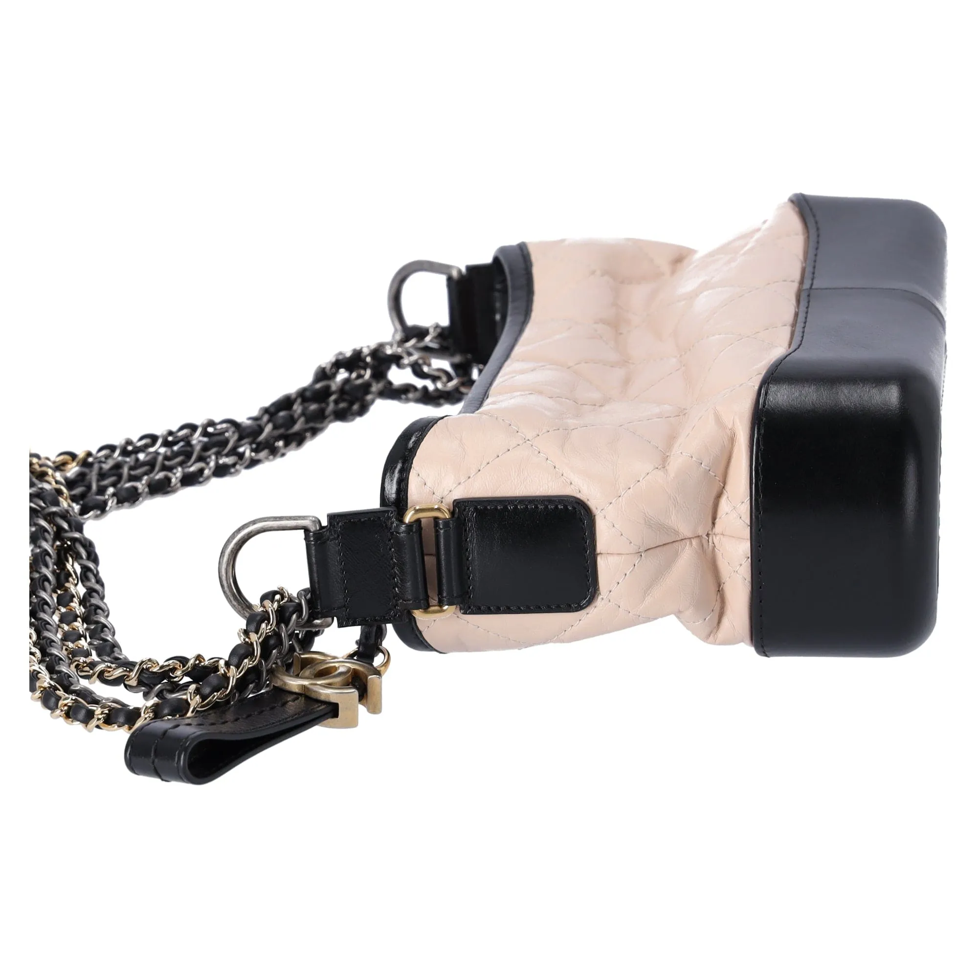 Chanel Small Gabrielle Hobo Bag Black Tan Beige Aged Calfskin Quilted Leather