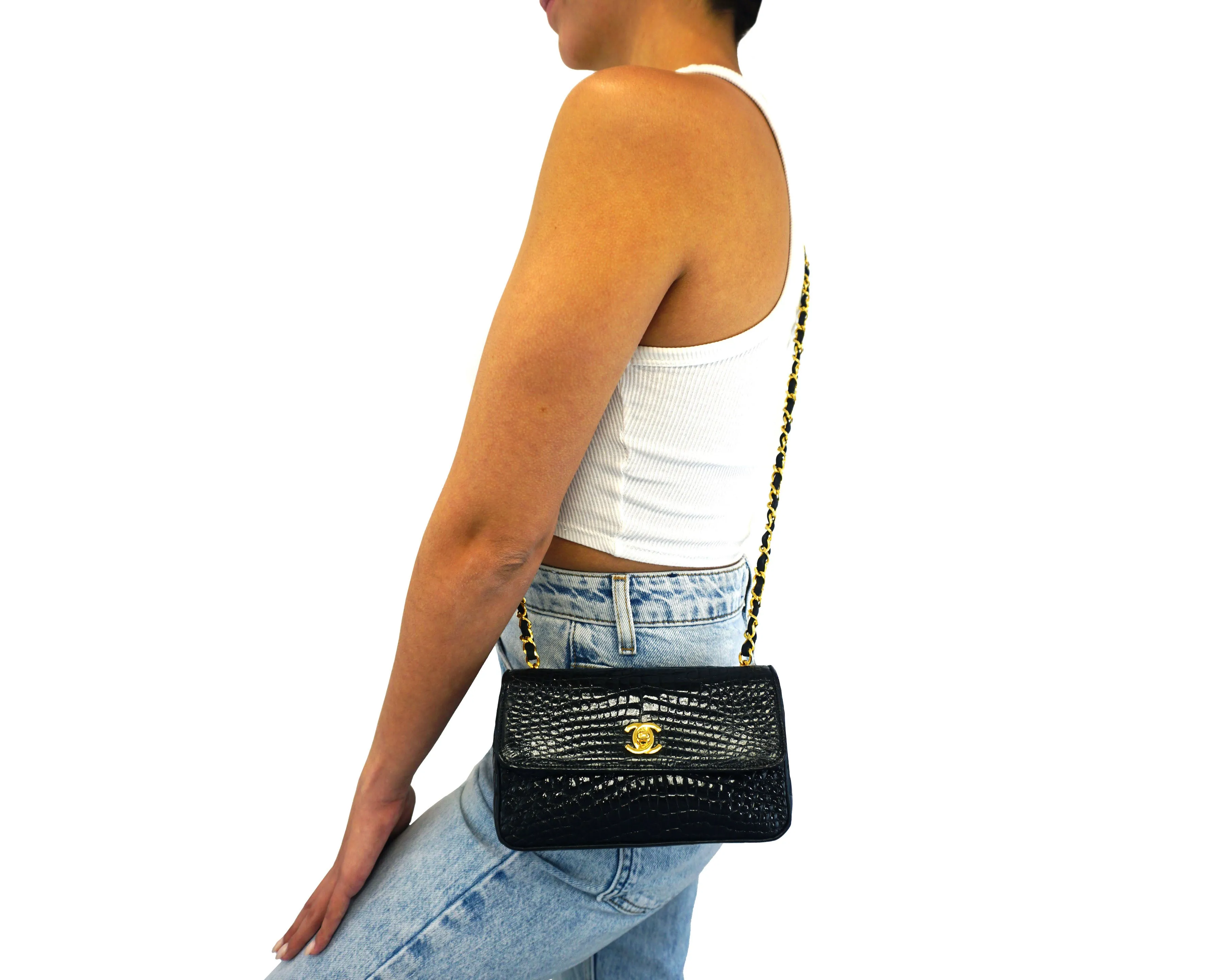 Chanel Vintage Rare Black Alligator Mini Flap