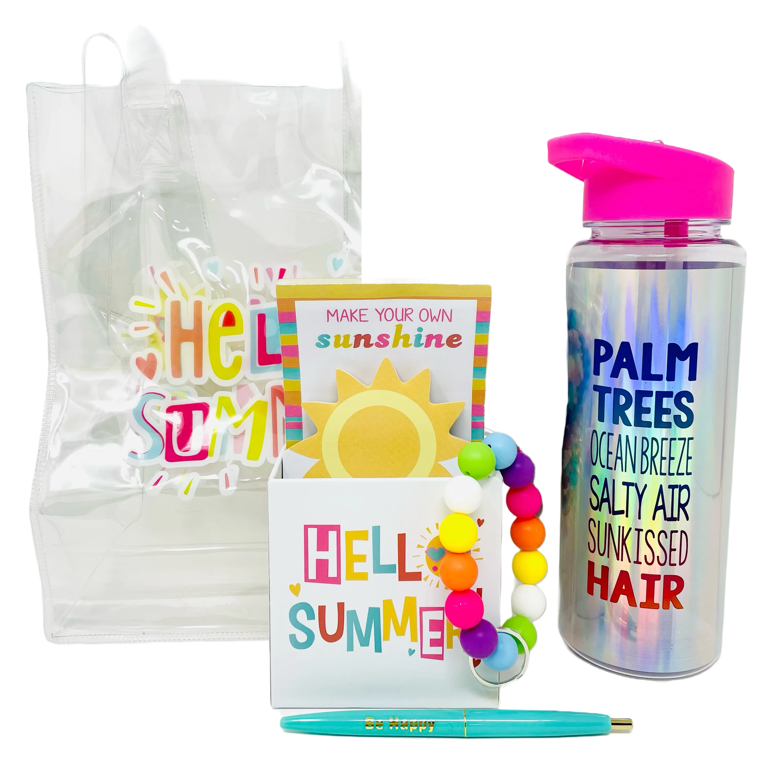 Cheep N Cheerful "Hello Summer" Gift Bundle, Water Bottle, Note Pad, Summer Tote, Hair Ties, Key Chain, Teacher Giftable
