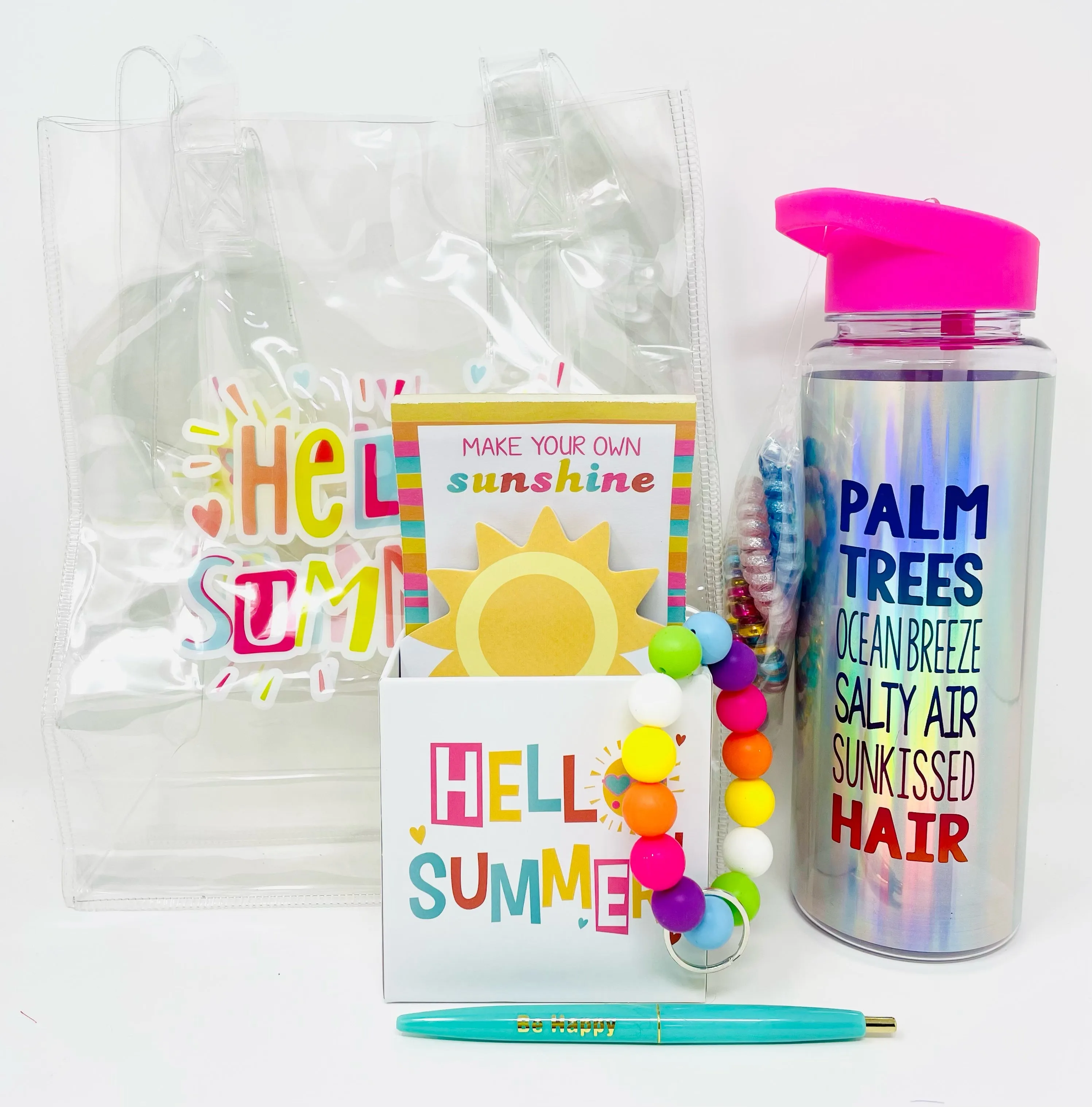 Cheep N Cheerful "Hello Summer" Gift Bundle, Water Bottle, Note Pad, Summer Tote, Hair Ties, Key Chain, Teacher Giftable