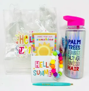 Cheep N Cheerful "Hello Summer" Gift Bundle, Water Bottle, Note Pad, Summer Tote, Hair Ties, Key Chain, Teacher Giftable