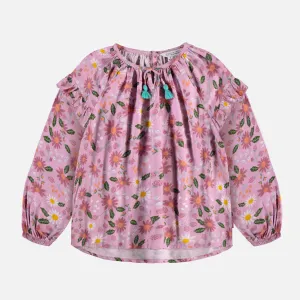 Chemise ample lilas fleurie à manches longues bouffantes en viscose, enfant || Floral lilac wide fit shirt with long puff sleeves in viscose, child