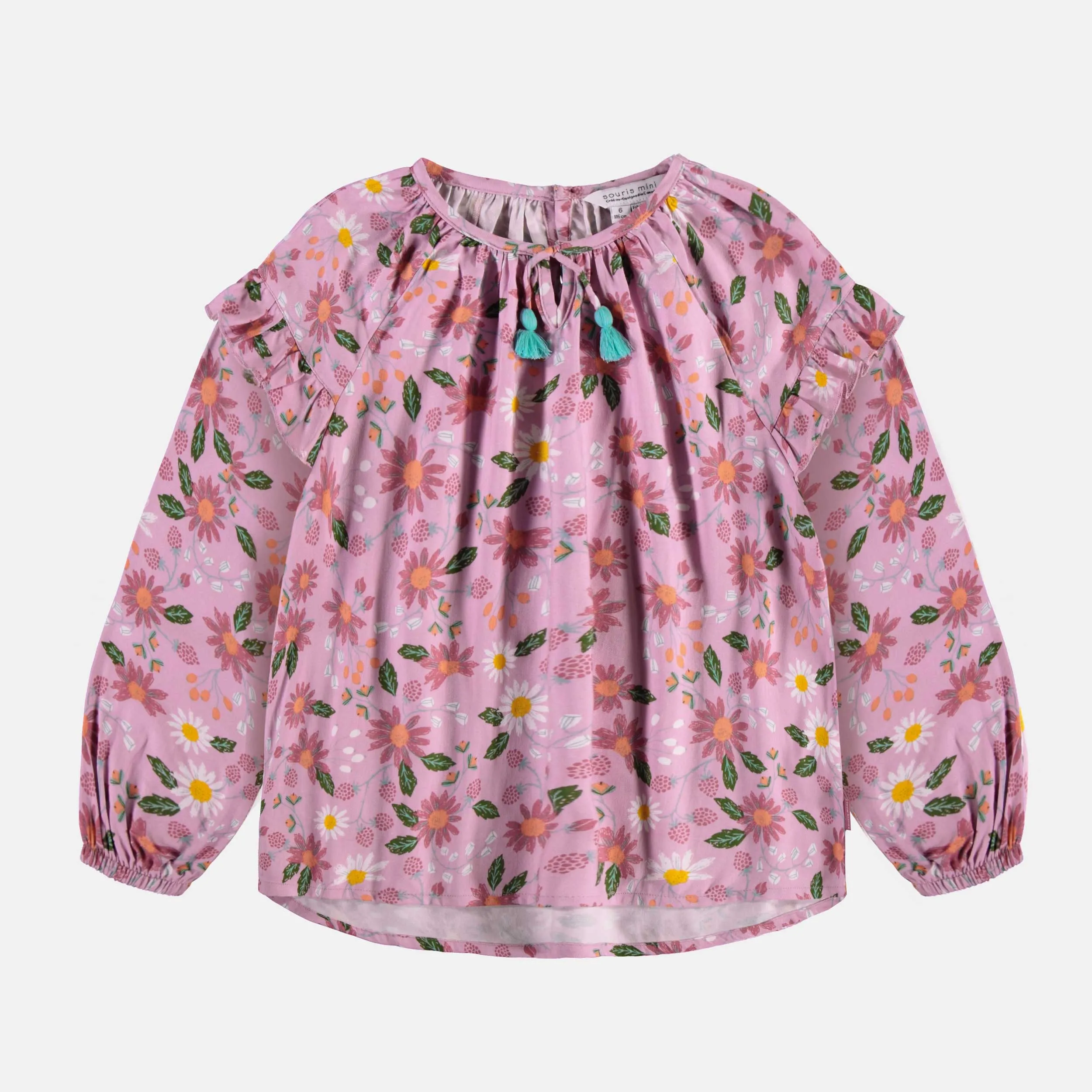 Chemise ample lilas fleurie à manches longues bouffantes en viscose, enfant || Floral lilac wide fit shirt with long puff sleeves in viscose, child