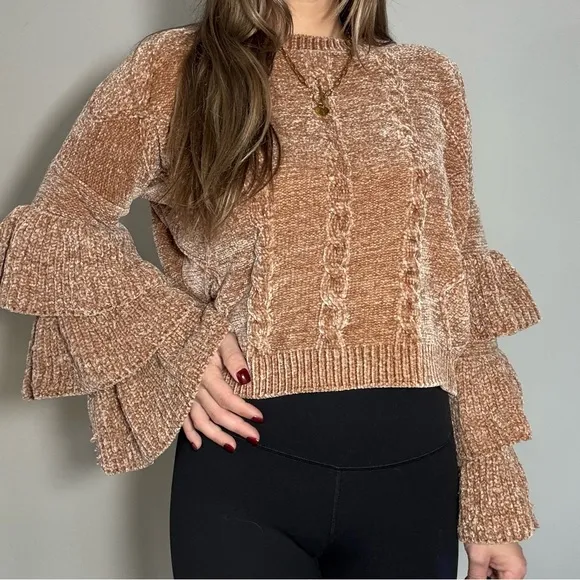 Chenille Cable Knit Sweater - Brown