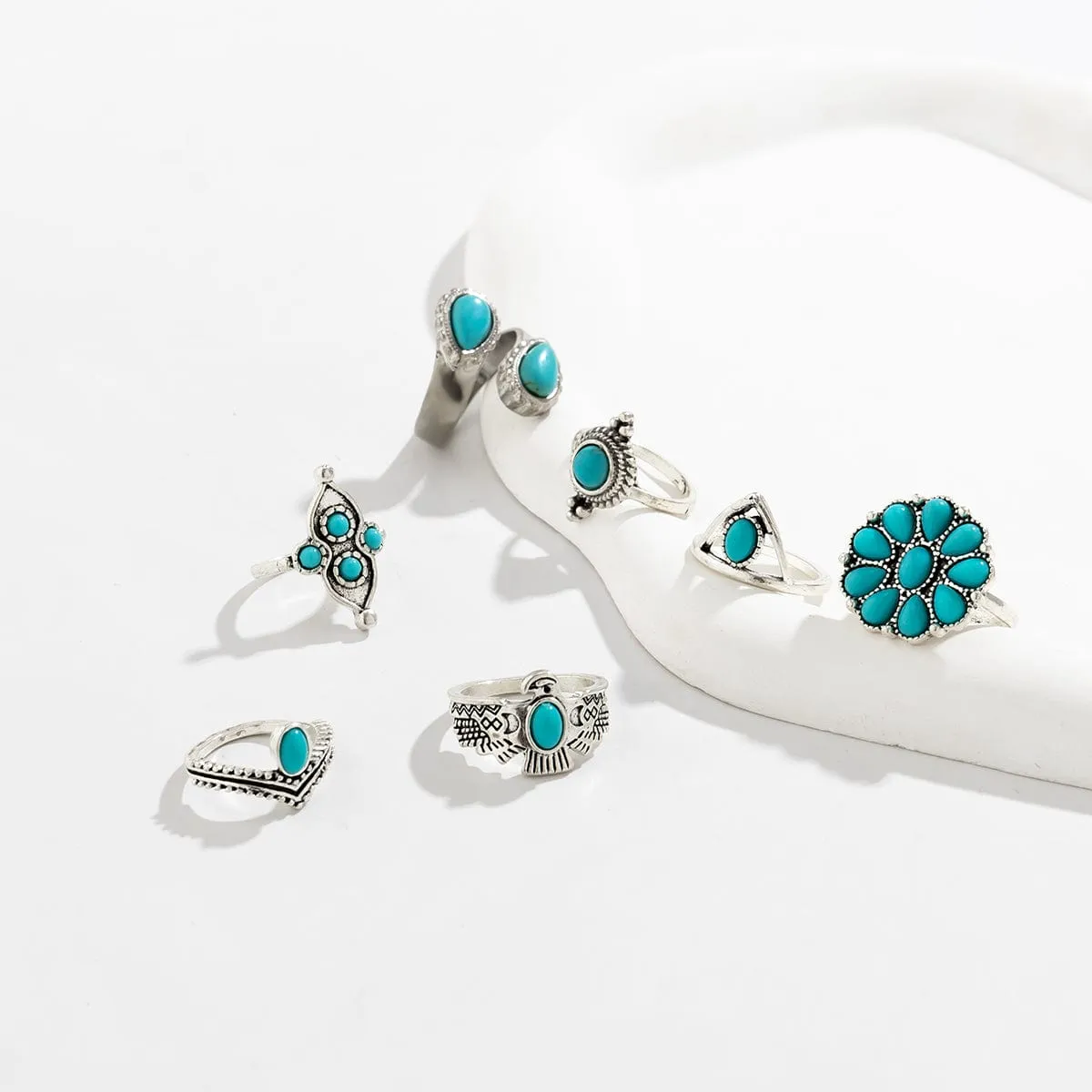 Chic 7 Pieces Antique Silver Embossed Pattern Turquoise Ring Set