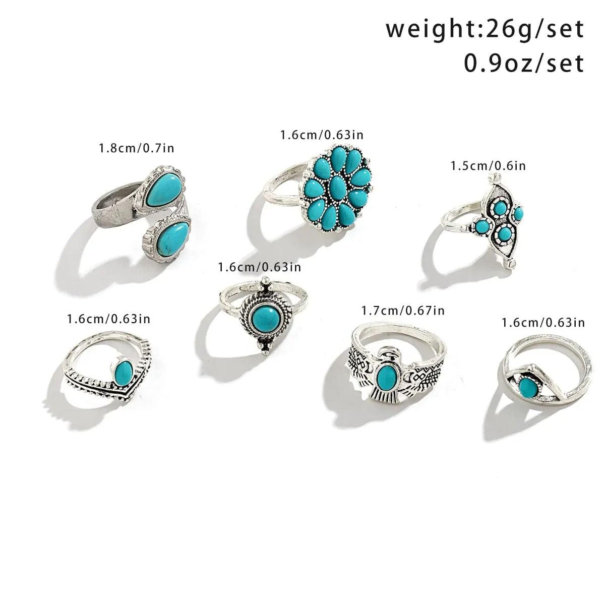 Chic 7 Pieces Antique Silver Embossed Pattern Turquoise Ring Set