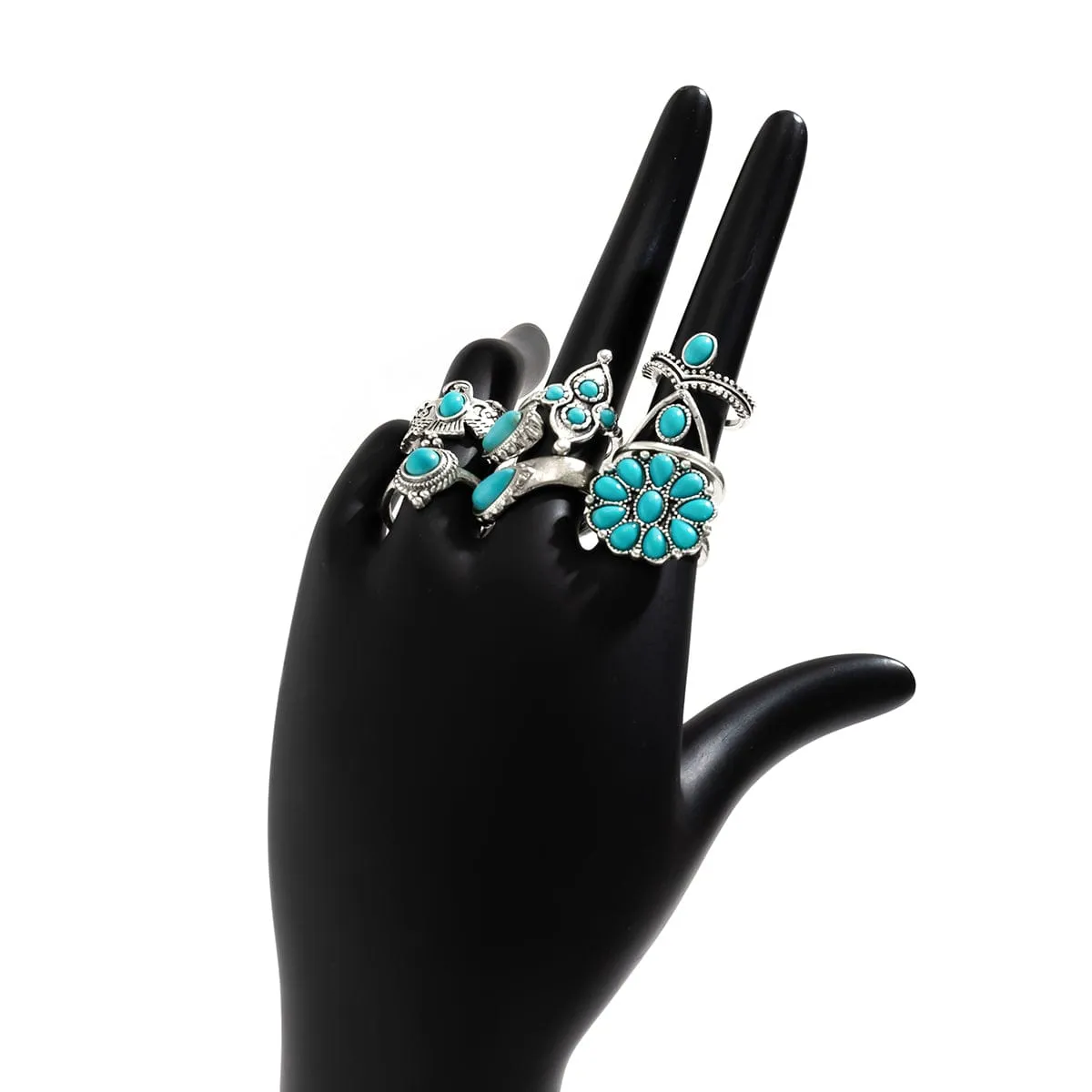 Chic 7 Pieces Antique Silver Embossed Pattern Turquoise Ring Set