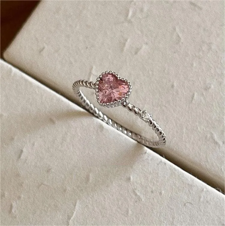 Chic CZ Inlaid Adjustable Pink Crystal Heart Ring