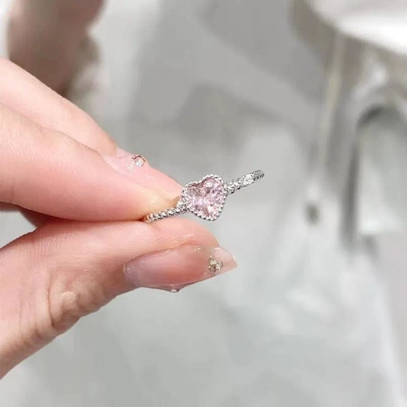 Chic CZ Inlaid Adjustable Pink Crystal Heart Ring