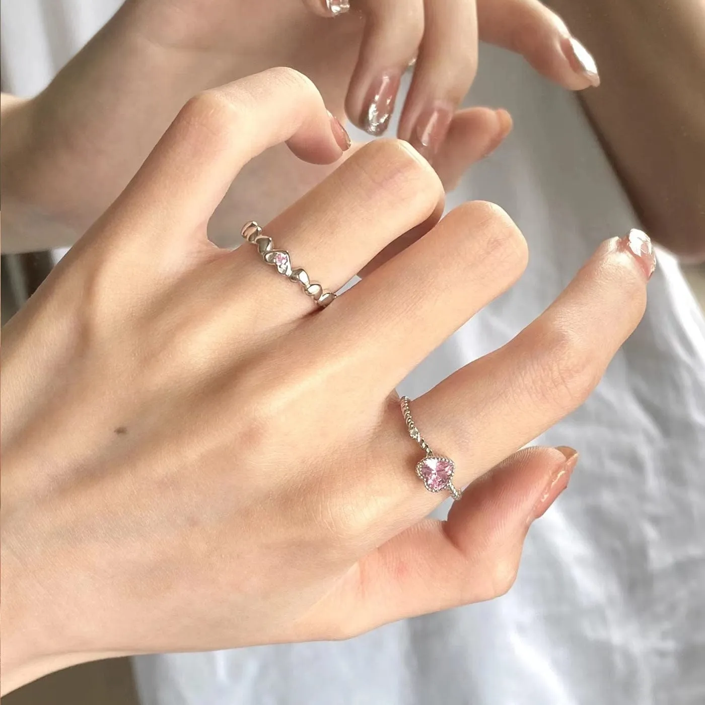 Chic CZ Inlaid Adjustable Pink Crystal Heart Ring