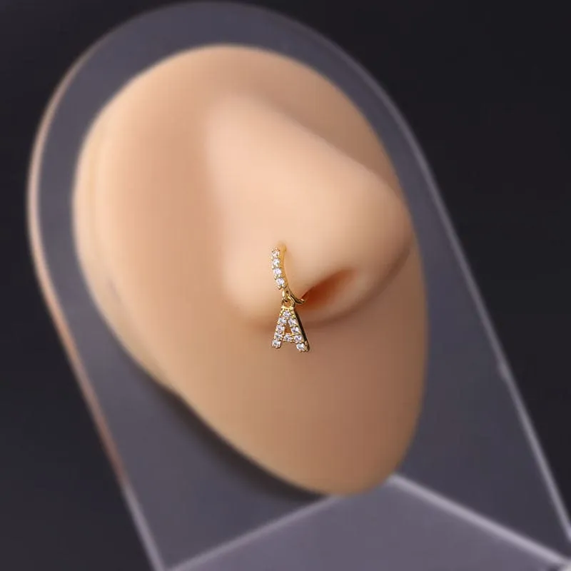 Chic CZ Inlaid Dangling Initial Letter Nose Piercing Nose Hoop