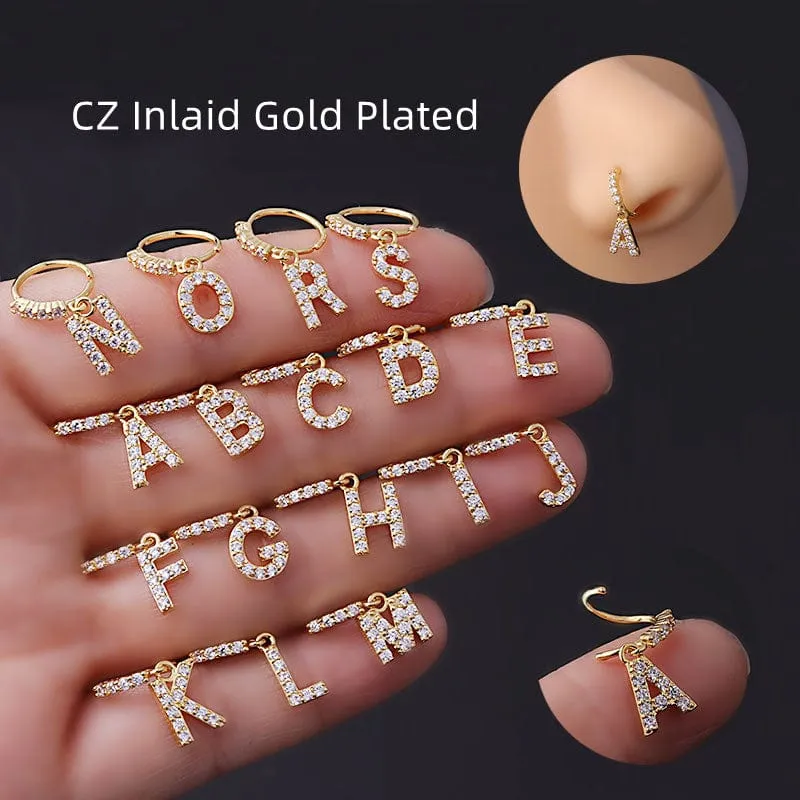 Chic CZ Inlaid Dangling Initial Letter Nose Piercing Nose Hoop