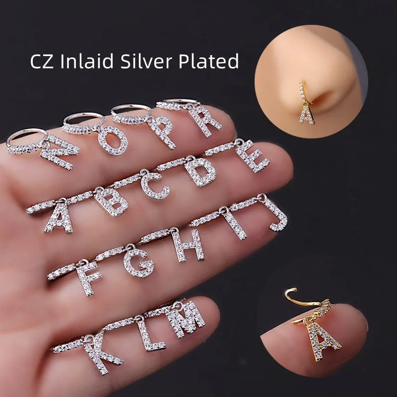 Chic CZ Inlaid Dangling Initial Letter Nose Piercing Nose Hoop
