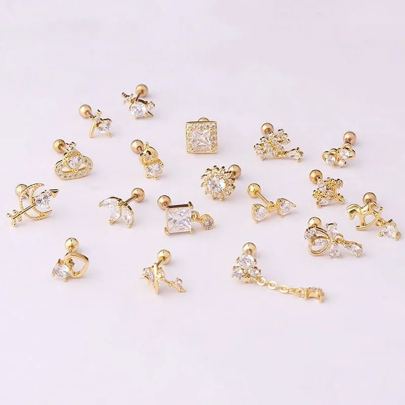 Chic Gold Silver Tone CZ Inlaid Helix Piercing Stud Earring