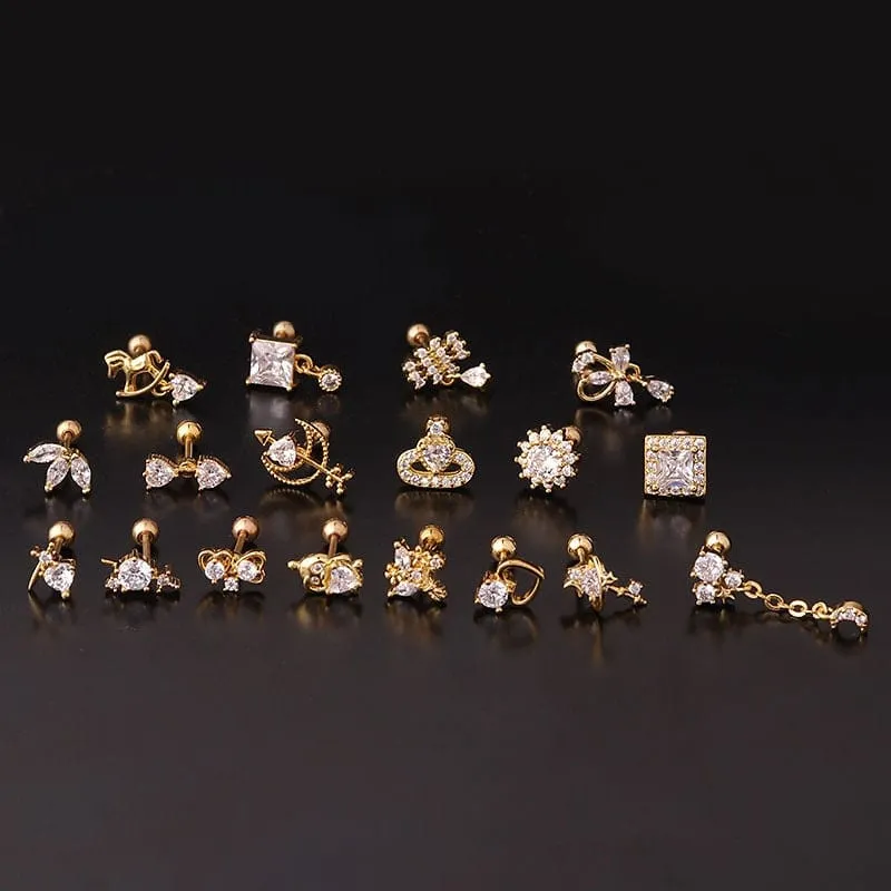 Chic Gold Silver Tone CZ Inlaid Helix Piercing Stud Earring