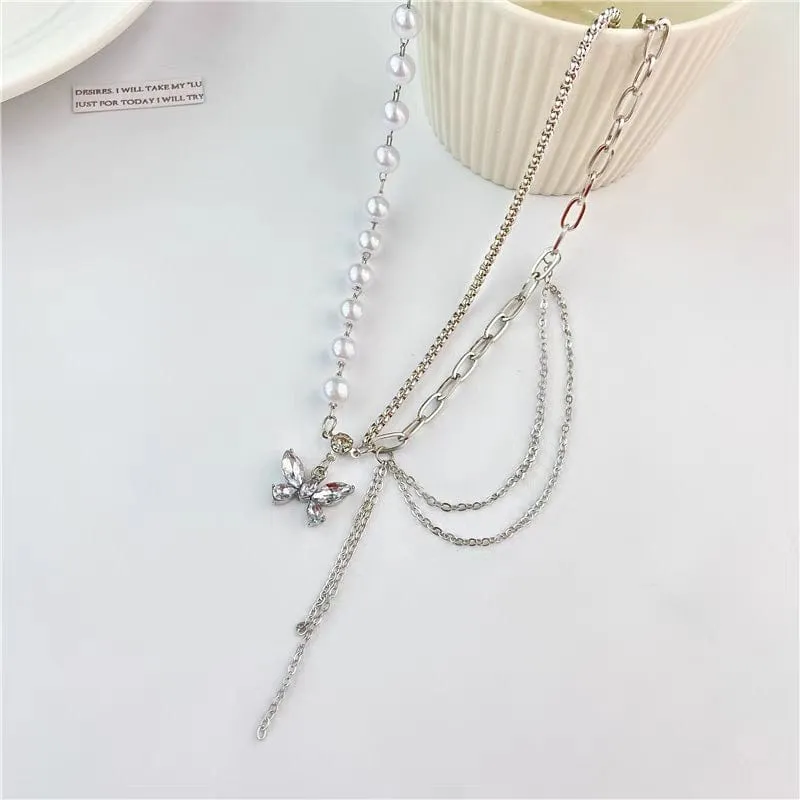 Chic Layered Crystal Butterfly Pearl Chain Necklace