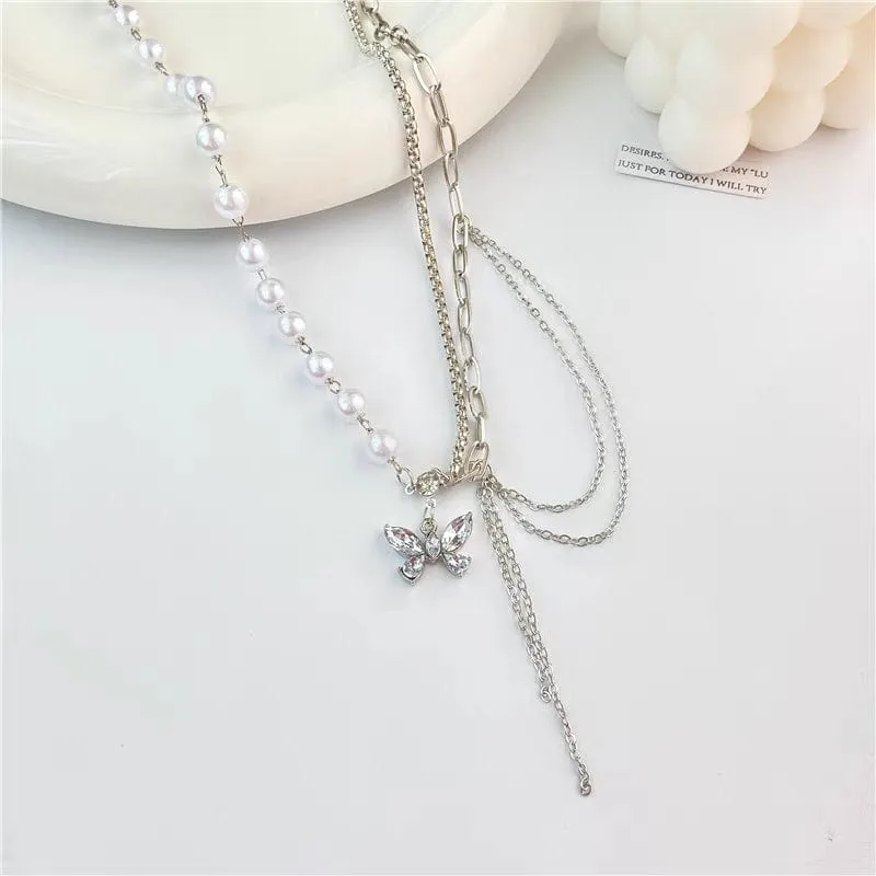 Chic Layered Crystal Butterfly Pearl Chain Necklace