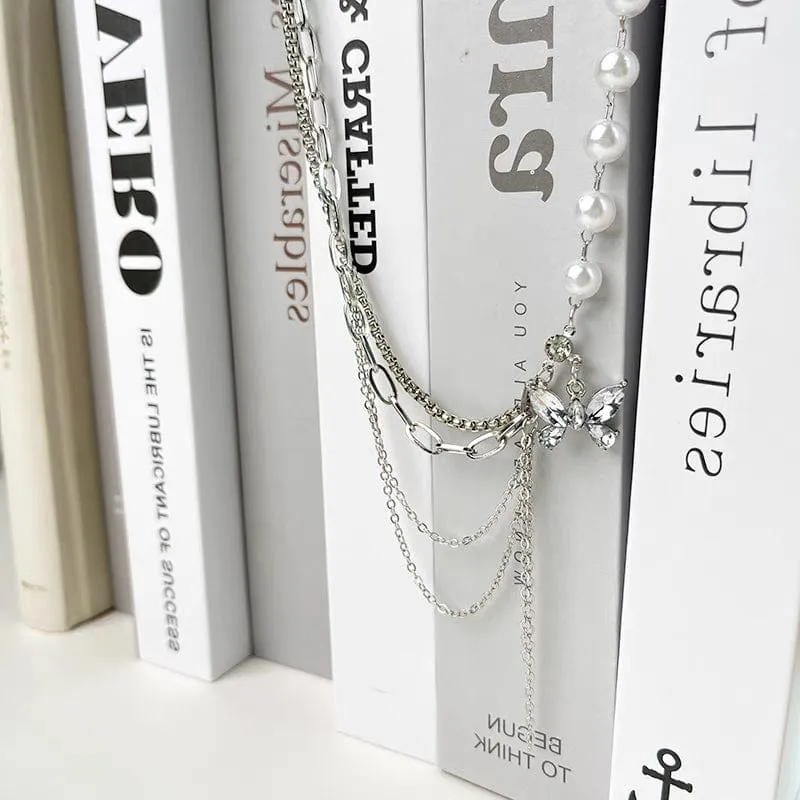 Chic Layered Crystal Butterfly Pearl Chain Necklace