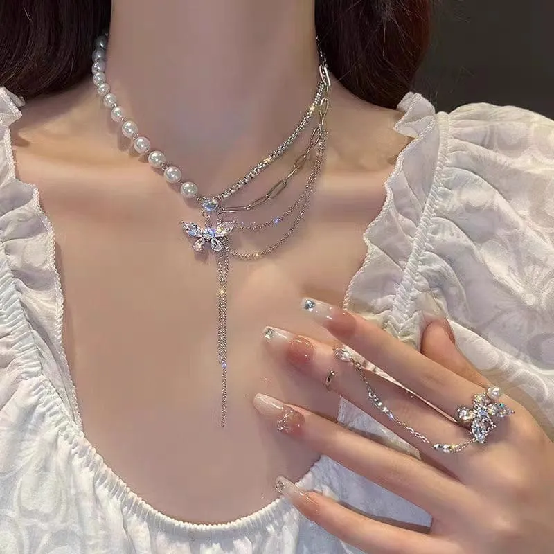 Chic Layered Crystal Butterfly Pearl Chain Necklace