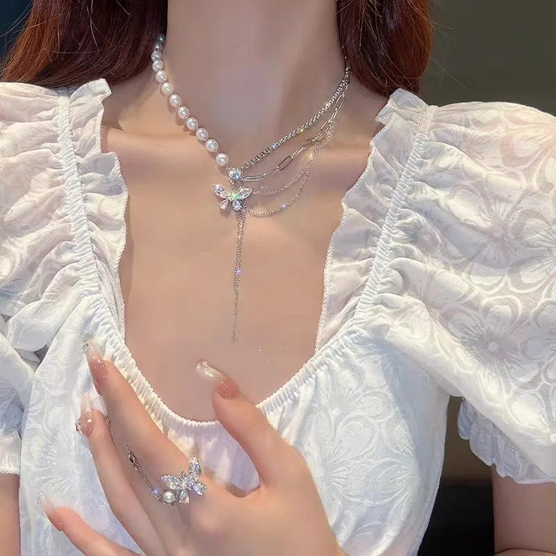 Chic Layered Crystal Butterfly Pearl Chain Necklace